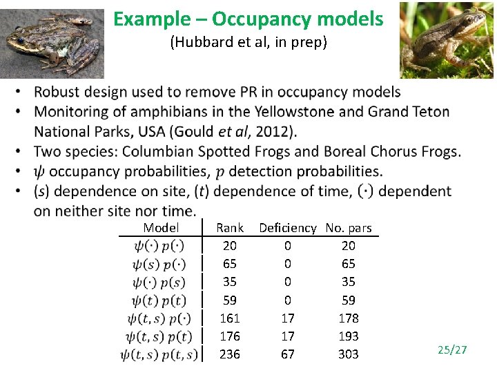 Example – Occupancy models (Hubbard et al, in prep) • Model Rank 20 65