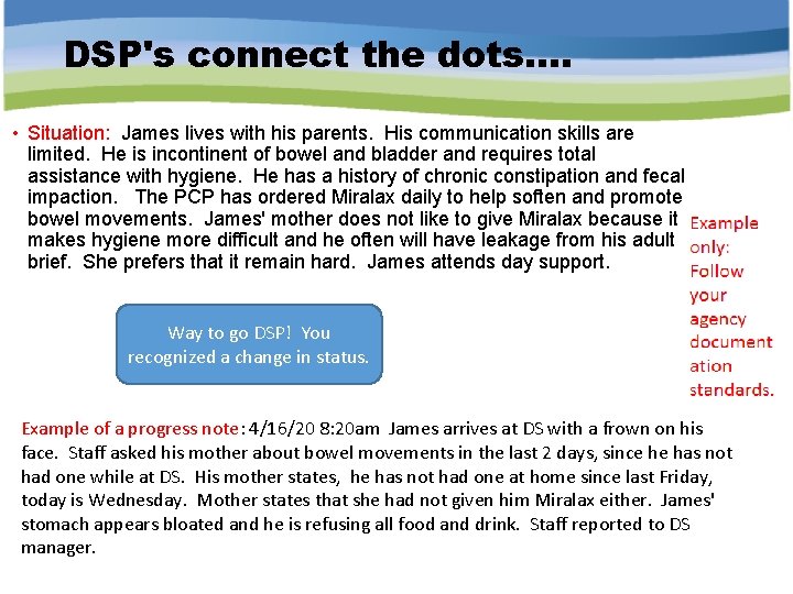 DSP's connect the dots. . • Situation: James lives with his parents. His communication