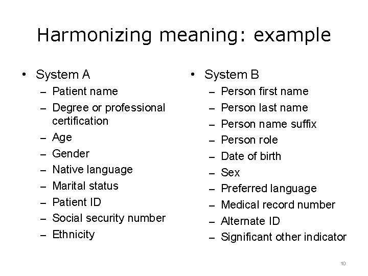 Harmonizing meaning: example • System A • System B – Patient name – Person