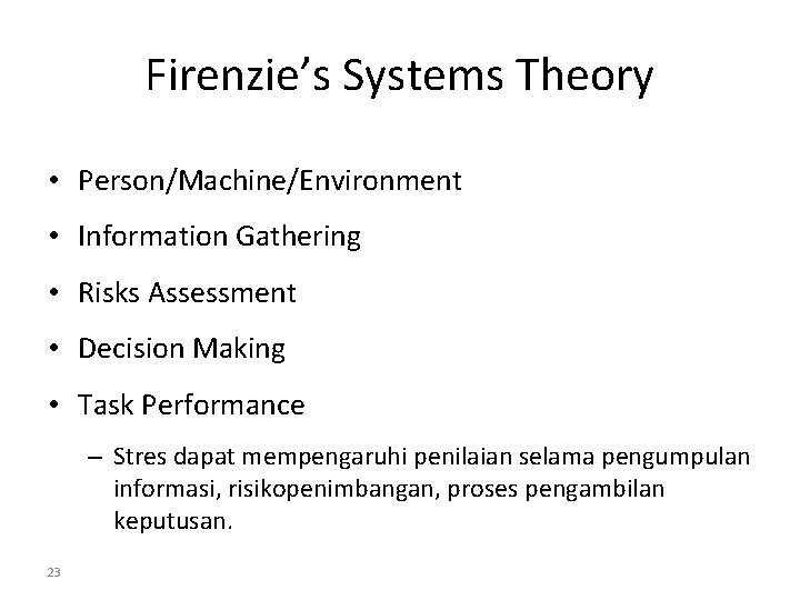 Firenzie’s Systems Theory • Person/Machine/Environment • Information Gathering • Risks Assessment • Decision Making