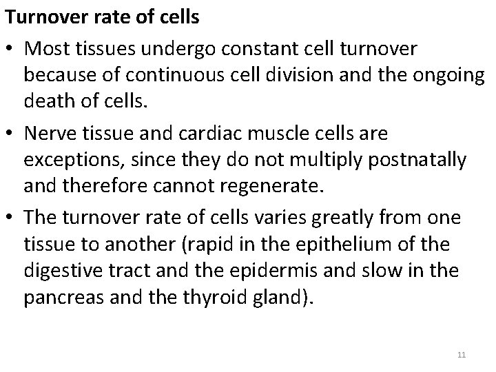 Turnover rate of cells • Most tissues undergo constant cell turnover because of continuous