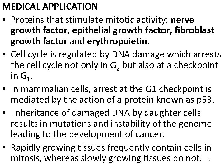 MEDICAL APPLICATION • Proteins that stimulate mitotic activity: nerve growth factor, epithelial growth factor,