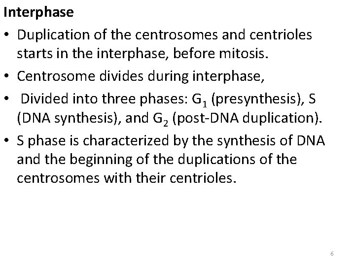 Interphase • Duplication of the centrosomes and centrioles starts in the interphase, before mitosis.