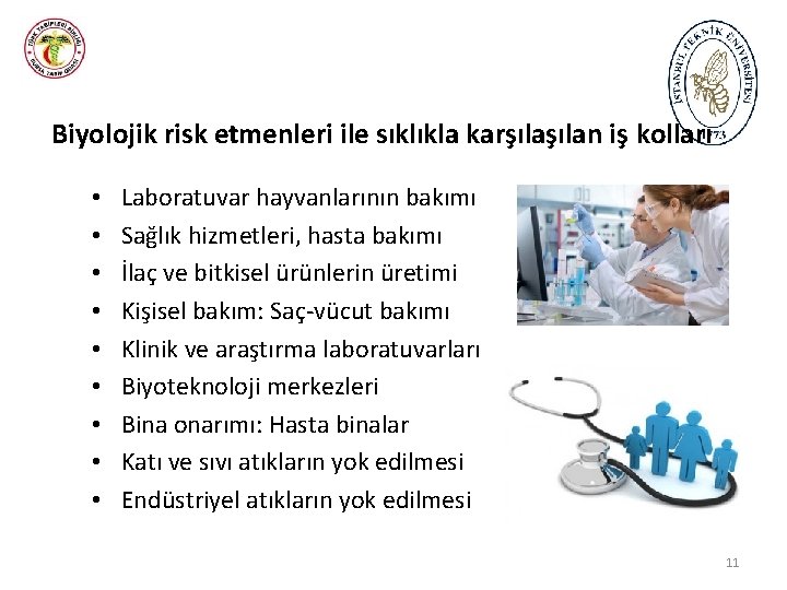 Biyolojik risk etmenleri ile sıklıkla karşılan iş kolları • • • Laboratuvar hayvanlarının bakımı