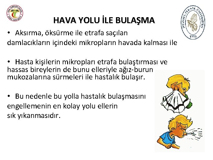 HAVA YOLU İLE BULAŞMA • Aksırma, öksürme ile etrafa saçılan damlacıkların içindeki mikropların havada