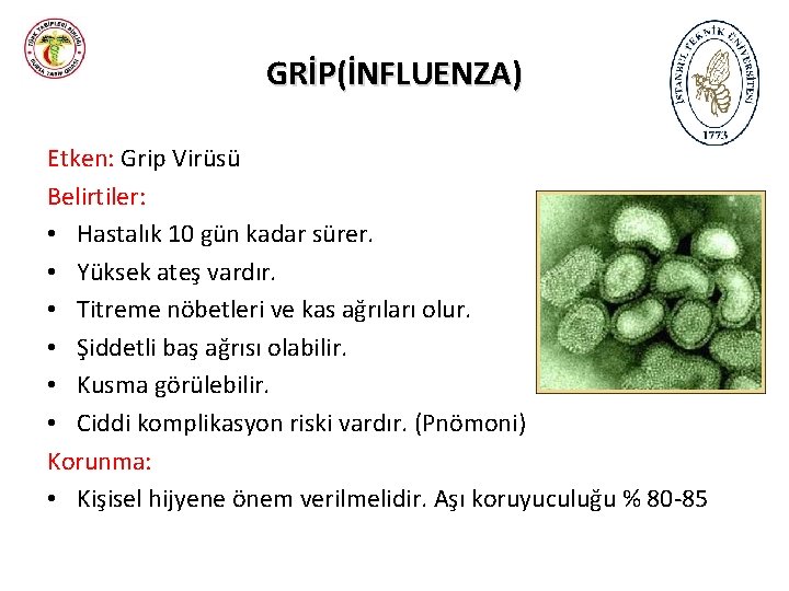 GRİP(İNFLUENZA) Etken: Grip Virüsü Belirtiler: • Hastalık 10 gün kadar sürer. • Yüksek ateş