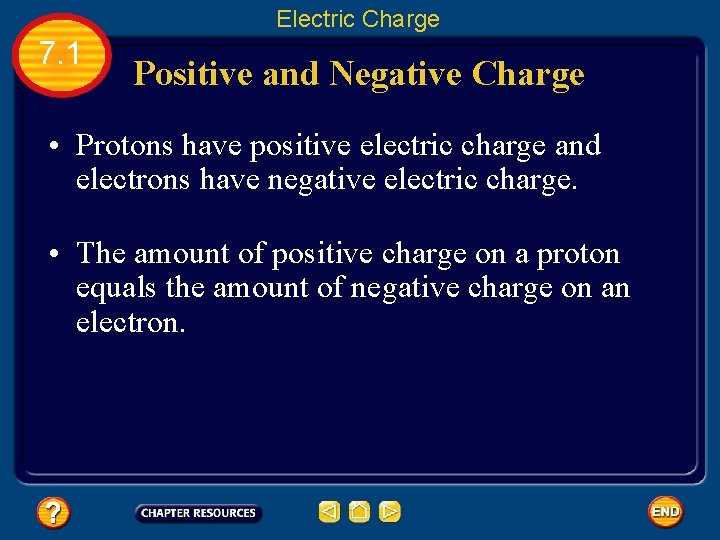 Electric Charge 7. 1 Positive and Negative Charge • Protons have positive electric charge