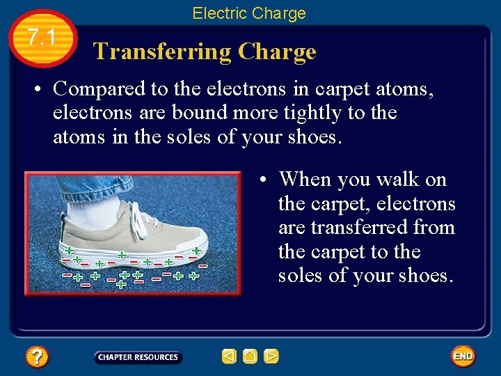 Electric Charge 7. 1 Transferring Charge • Compared to the electrons in carpet atoms,