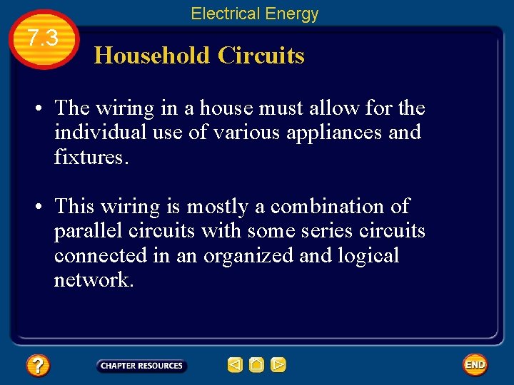 Electrical Energy 7. 3 Household Circuits • The wiring in a house must allow