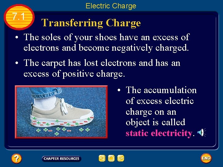Electric Charge 7. 1 Transferring Charge • The soles of your shoes have an