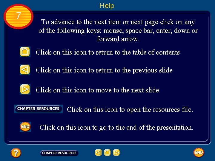 Help 7 To advance to the next item or next page click on any