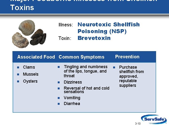 Major Foodborne Illnesses from Shellfish Toxins Illness: Toxin: Neurotoxic Shellfish Poisoning (NSP) Brevetoxin Associated