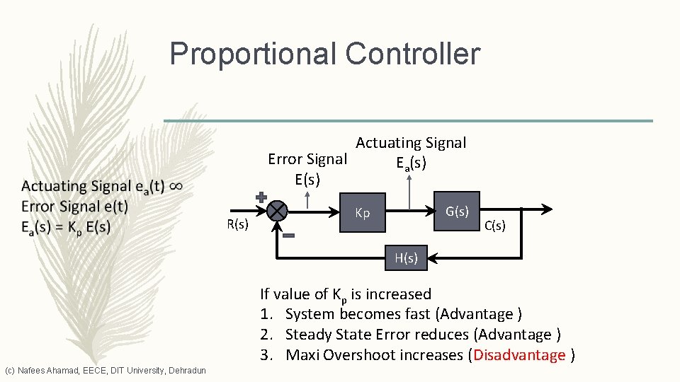 Proportional Controller Actuating Signal Error Signal Ea(s) E(s) R(s) G(s) Kp C(s) H(s) If