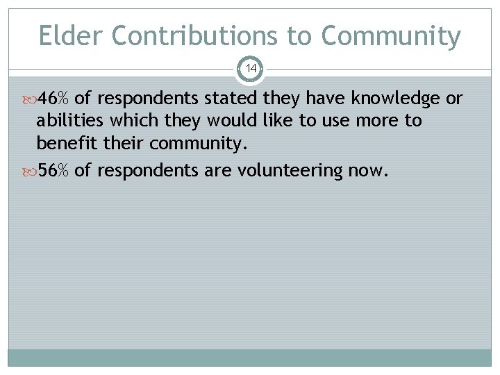 Elder Contributions to Community 14 46% of respondents stated they have knowledge or abilities