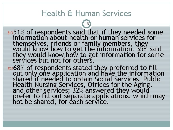 Health & Human Services 16 51% of respondents said that if they needed some