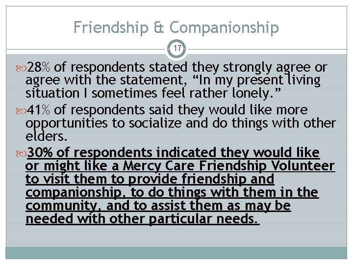 Friendship & Companionship 17 28% of respondents stated they strongly agree or agree with