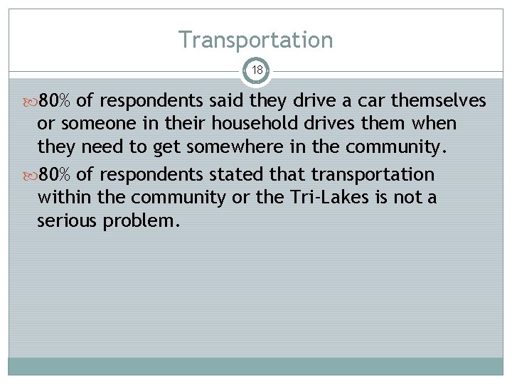 Transportation 18 80% of respondents said they drive a car themselves or someone in