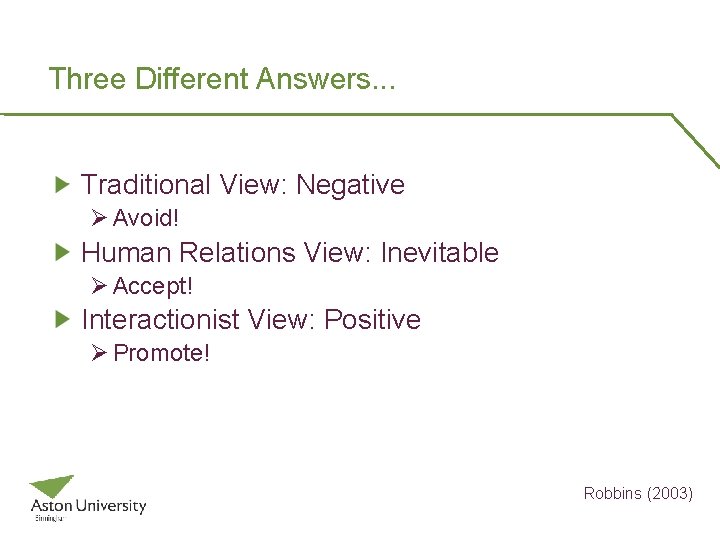 Three Different Answers. . . Traditional View: Negative Ø Avoid! Human Relations View: Inevitable