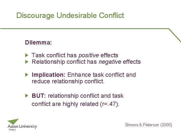 Discourage Undesirable Conflict Dilemma: Task conflict has positive effects Relationship conflict has negative effects