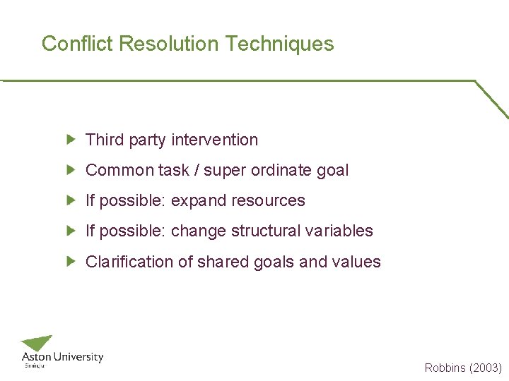 Conflict Resolution Techniques Third party intervention Common task / super ordinate goal If possible: