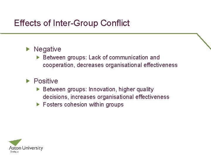 Effects of Inter-Group Conflict Negative Between groups: Lack of communication and cooperation, decreases organisational
