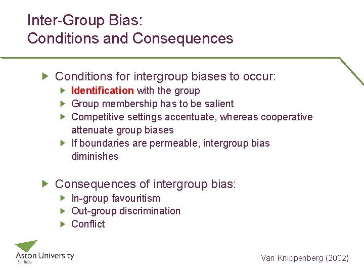 Inter-Group Bias: Conditions and Consequences Conditions for intergroup biases to occur: Identification with the