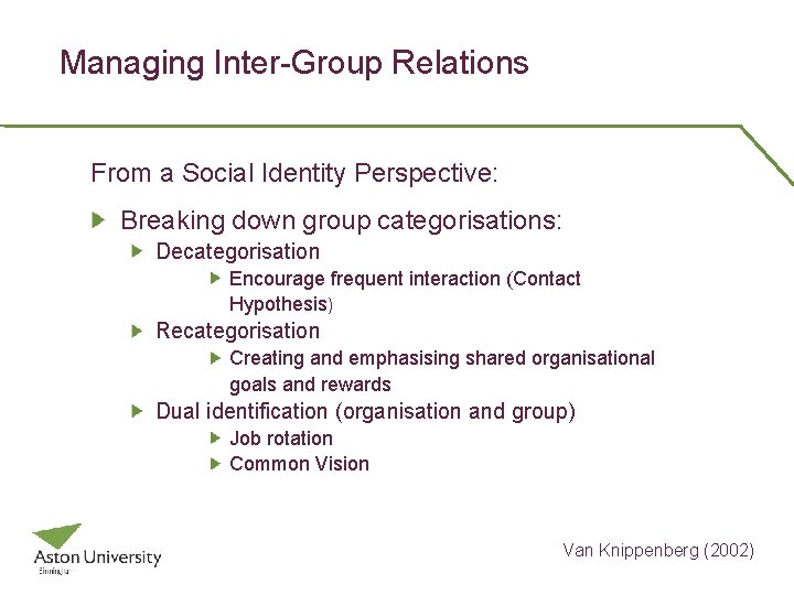 Managing Inter-Group Relations From a Social Identity Perspective: Breaking down group categorisations: Decategorisation Encourage