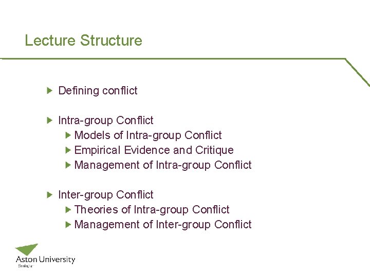 Lecture Structure Defining conflict Intra-group Conflict Models of Intra-group Conflict Empirical Evidence and Critique