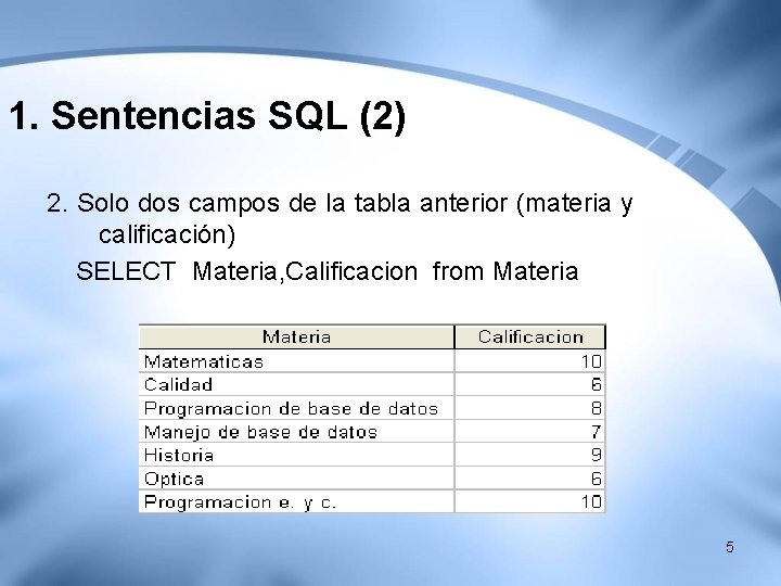1. Sentencias SQL (2) 2. Solo dos campos de la tabla anterior (materia y 1. Sentencias SQL (2) 2. Solo dos campos de la tabla anterior (materia y