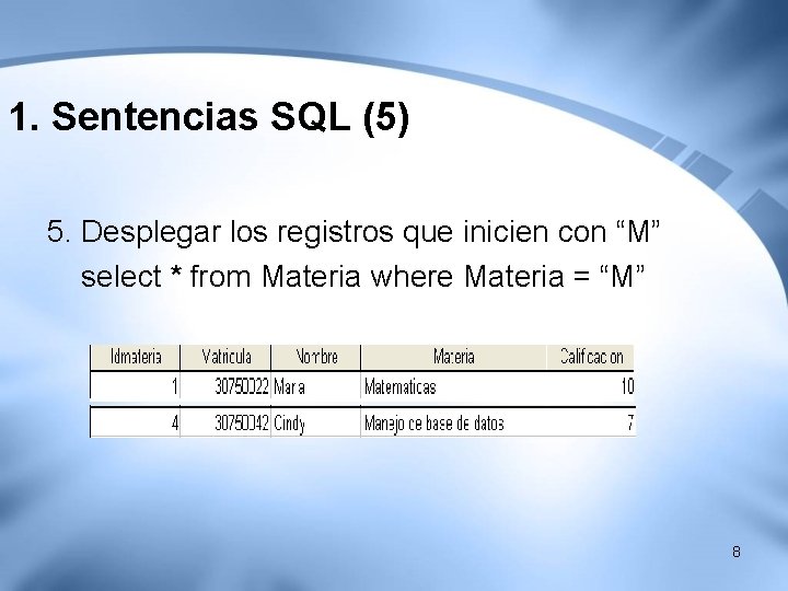 1. Sentencias SQL (5) 5. Desplegar los registros que inicien con “M” select * 1. Sentencias SQL (5) 5. Desplegar los registros que inicien con “M” select *
