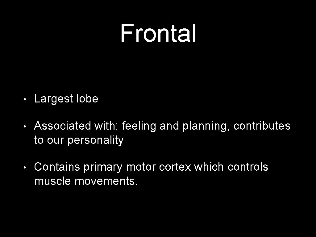 Frontal • Largest lobe • Associated with: feeling and planning, contributes to our personality