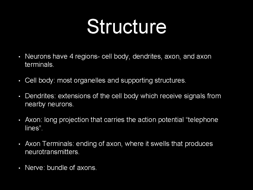 Structure • Neurons have 4 regions- cell body, dendrites, axon, and axon terminals. •