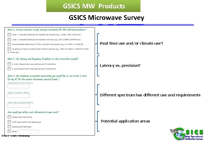 GSICS MW Products GSICS Microwave Survey Real time use and/or climate use? Latency vs.