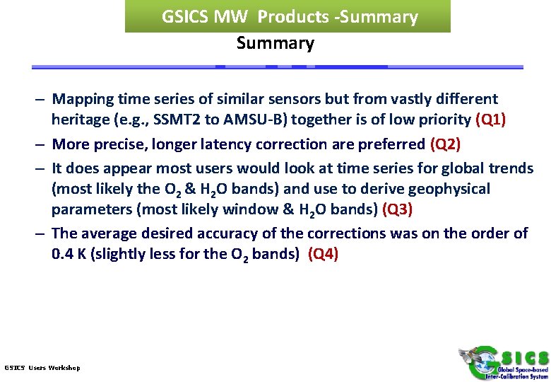 GSICS MW Products -Summary – Mapping time series of similar sensors but from vastly