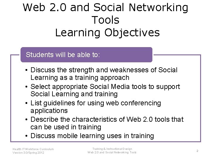 Web 2. 0 and Social Networking Tools Learning Objectives Students will be able to: