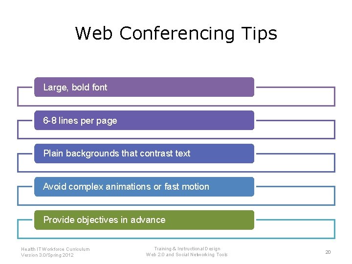 Web Conferencing Tips Large, bold font 6 -8 lines per page Plain backgrounds that