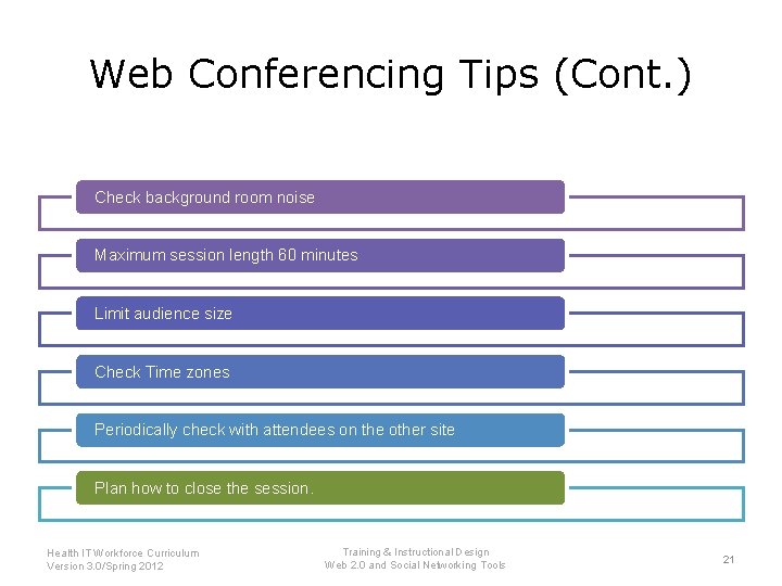 Web Conferencing Tips (Cont. ) Check background room noise Maximum session length 60 minutes