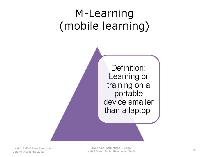 M-Learning (mobile learning) Definition: Learning or training on a portable device smaller than a
