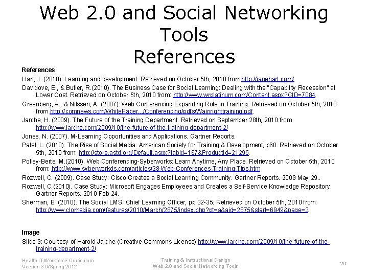Web 2. 0 and Social Networking Tools References Hart, J. (2010). Learning and development.