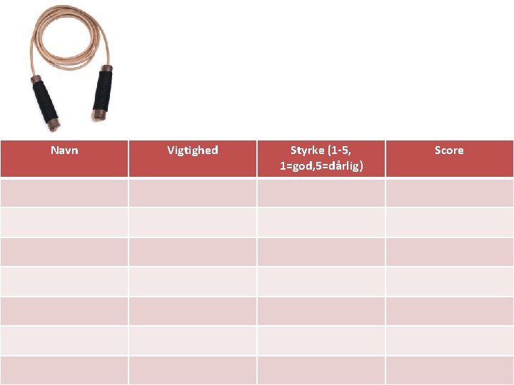 Navn Vigtighed Styrke (1 -5, 1=god, 5=dårlig) Score 