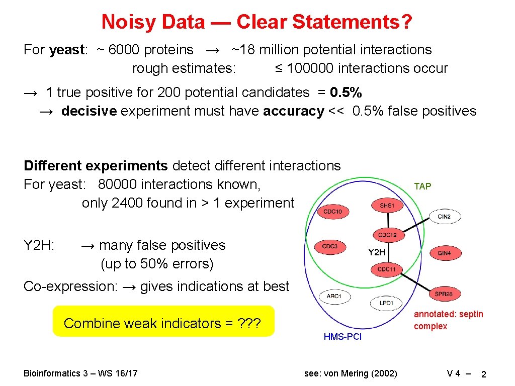 Noisy Data — Clear Statements? For yeast: ~ 6000 proteins → ~18 million potential