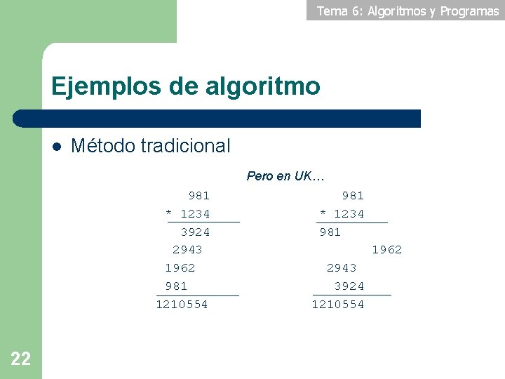 Tema 6: Algoritmos y Programas Ejemplos de algoritmo l Método tradicional Pero en UK…