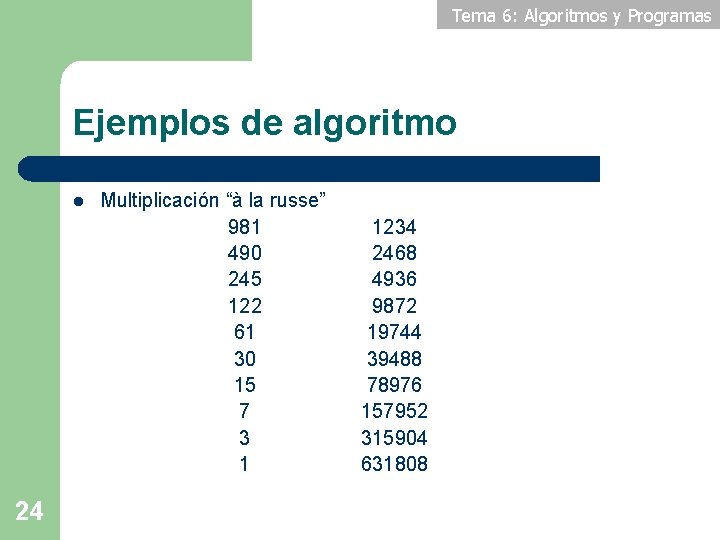Tema 6: Algoritmos y Programas Ejemplos de algoritmo l 24 Multiplicación “à la russe”