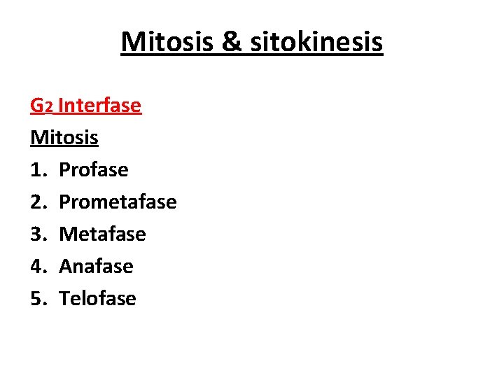 Mitosis & sitokinesis G 2 Interfase Mitosis 1. Profase 2. Prometafase 3. Metafase 4.