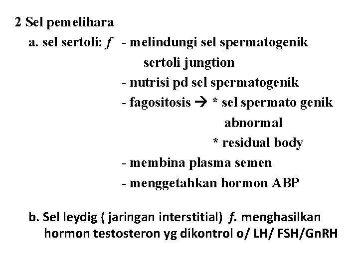 2 Sel pemelihara a. sel sertoli: f - melindungi sel spermatogenik sertoli jungtion -