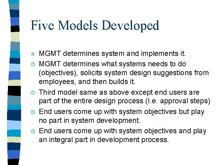 Five Models Developed ¶ · ¸ ¹ º MGMT determines system and implements it.