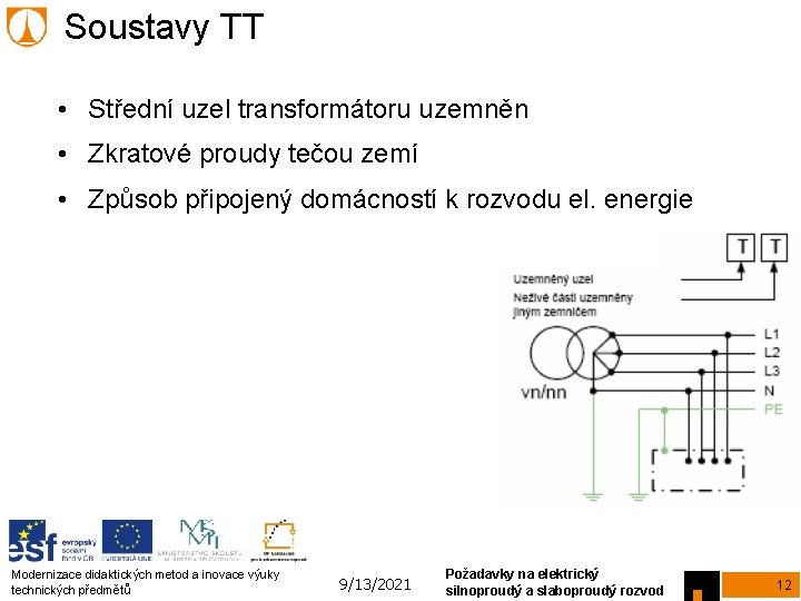 Soustavy TT • Střední uzel transformátoru uzemněn • Zkratové proudy tečou zemí • Způsob