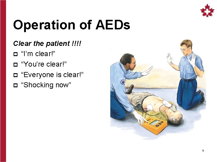Operation of AEDs Clear the patient !!!! p “I’m clear!” p “You’re clear!” p