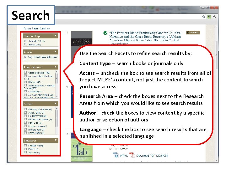 Search Use the Search Facets to refine search results by: Content Type – search