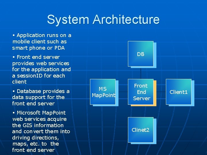 System Architecture § Application runs on a mobile client such as smart phone or System Architecture § Application runs on a mobile client such as smart phone or